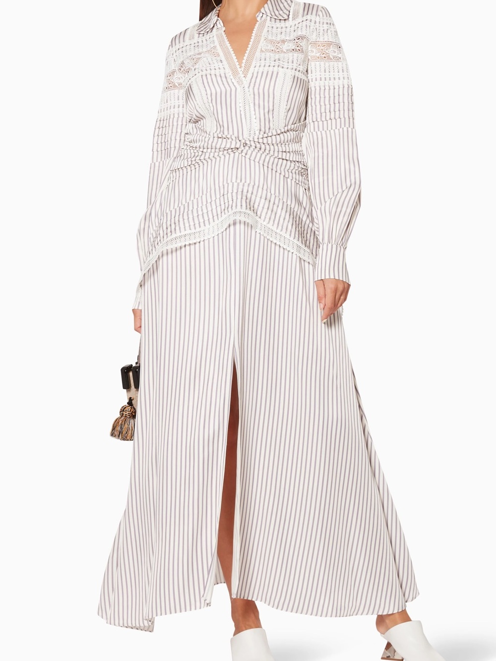 Self Portrait Blue Gray Striped White lace detail Blouson Dress MSRP $1060